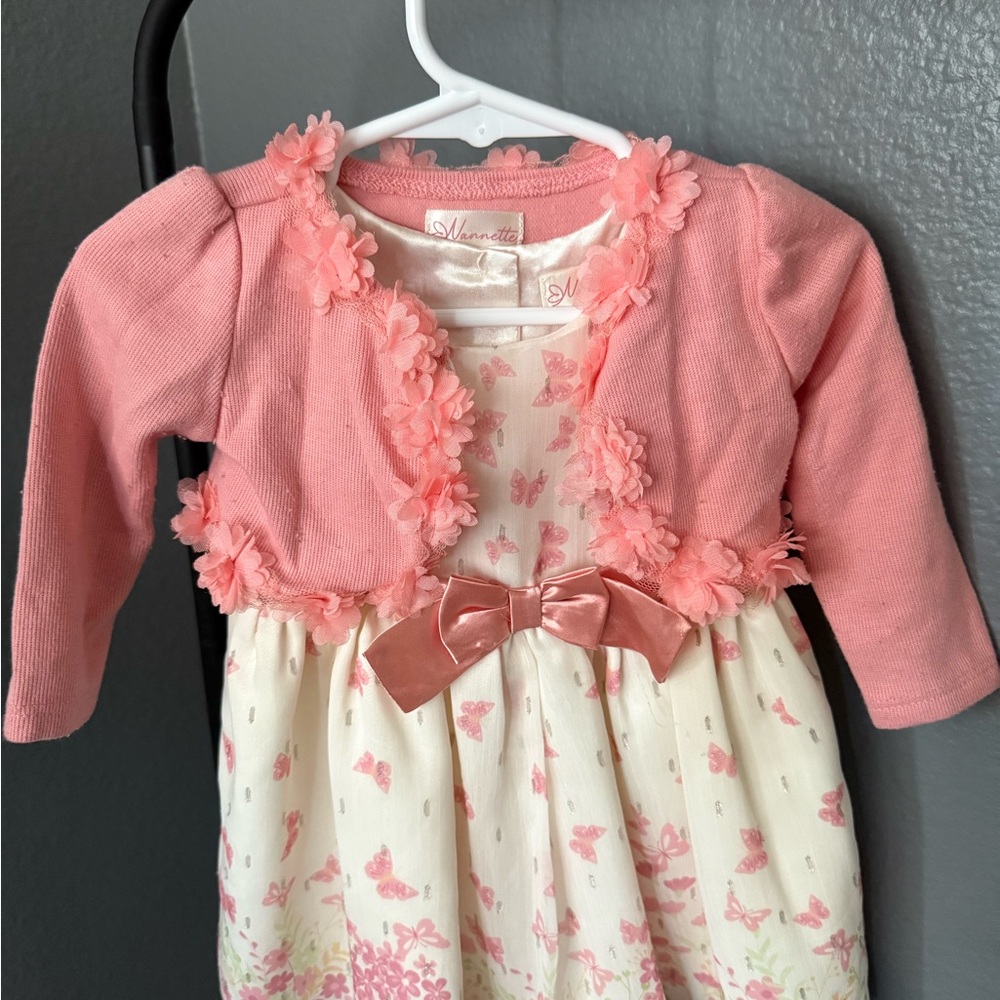 Nannette Pink Butterfly Baby Dress with Floral Cardigan